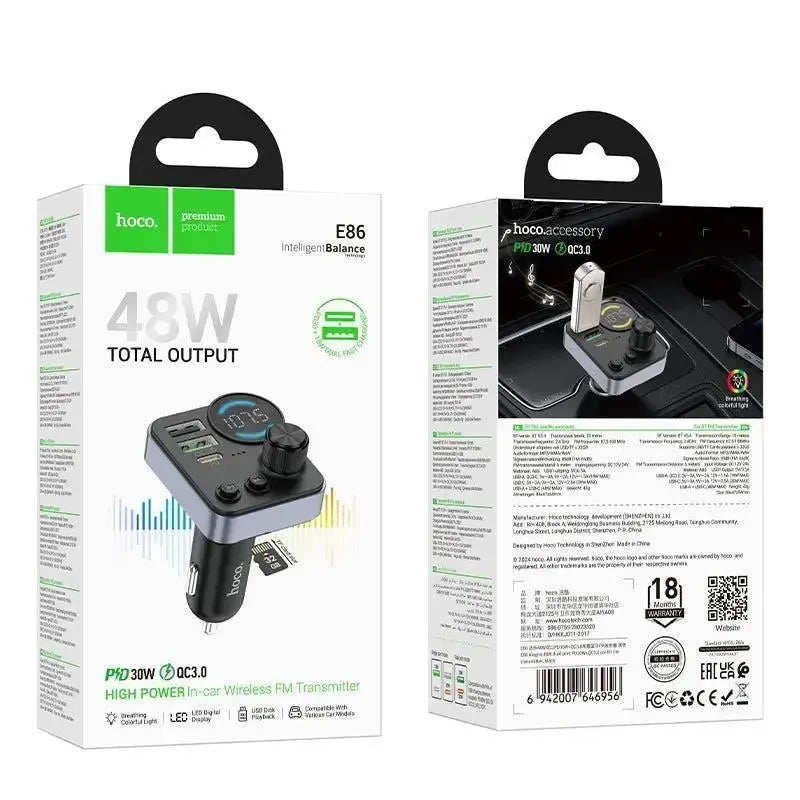 Hoco E86 Alegria 48W Dual Port PD 30W / QC3.0 Car BT FM Transmitter Black