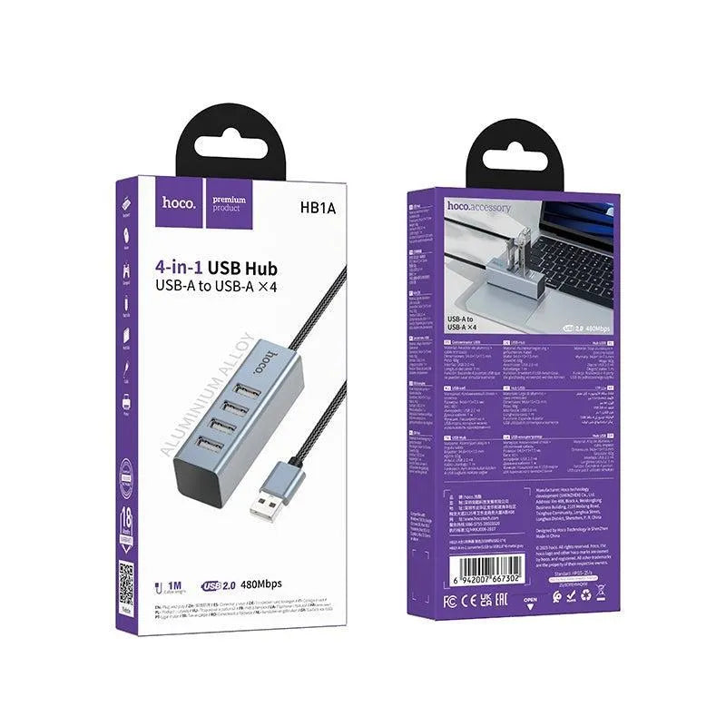 Hoco HB1A 4-In-1 USB To 4 USB 2.0 Converter Hub Metal Gray
