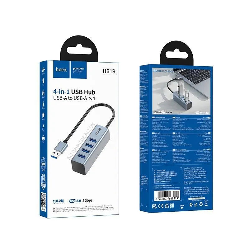 Hoco HB1B 4 In 1 USB To 4 USB 3.0 Converter Hub Metal Gray