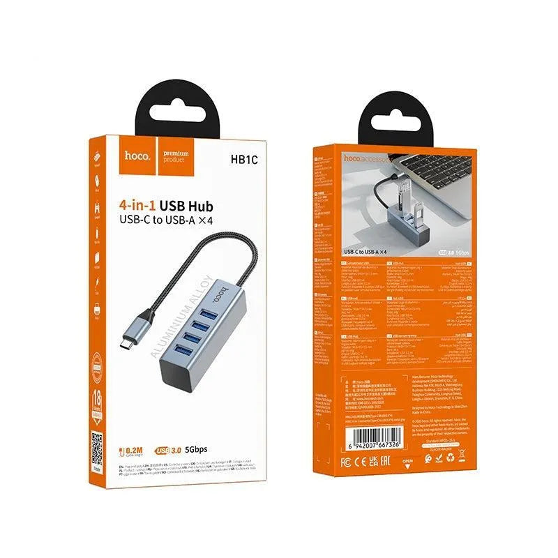 Hoco HB1C 4 In 1 Type-C To 4 USB 3.0 Converter Hub Metal Gray