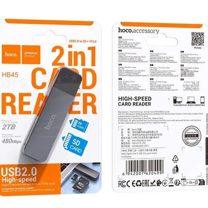 Hoco HB45 USB 2.0 High-Speed Card Reader Metal Gray