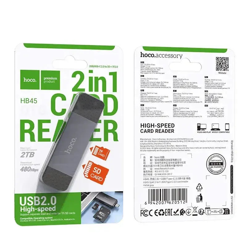 Hoco HB45 USB/Type-C 2.0 High-Speed Card Reader Metal Gray