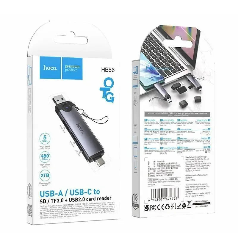 Hoco HB56 Victory USB / Type-C 3-In-1 Card Reader Metal Gray