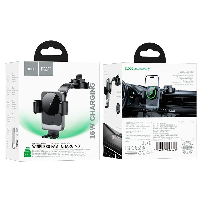 Hoco HW14 Speed Wireless Flexible Fast Charging Car Holder 15W Grey