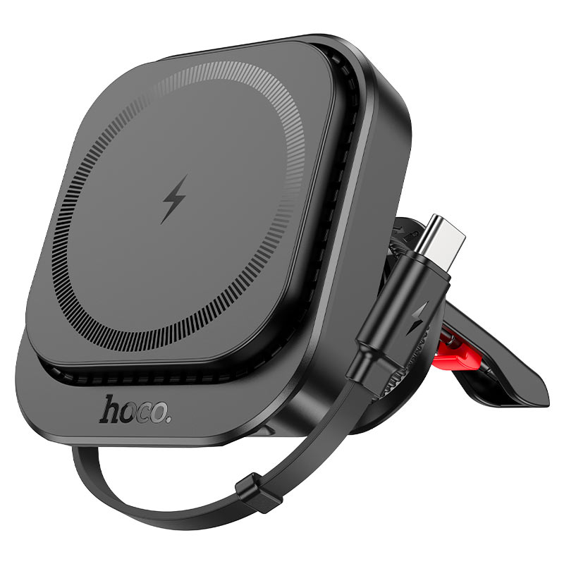 Hoco HW23 Retractable Air Vent Magsafe Wireless Fast Charging Car Holder With Built In Type-C Cable Black
