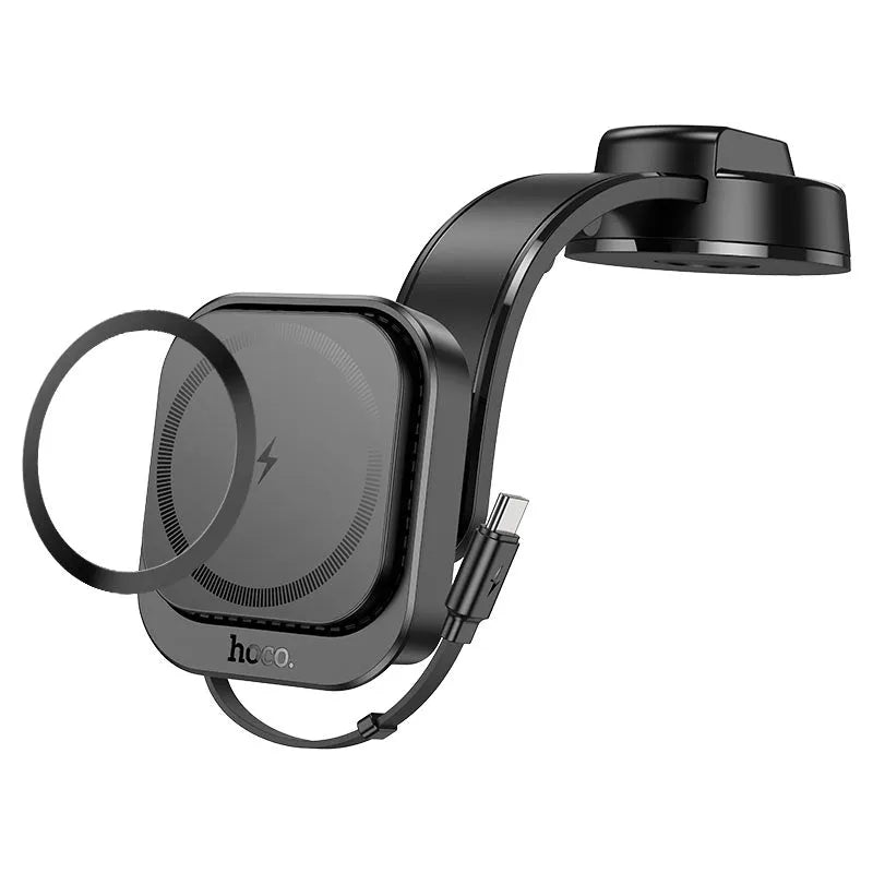 Hoco HW24 Retractable Dash Magsafe Wireless Fast Charging Car Holder With Built in Typec-C Cable Black
