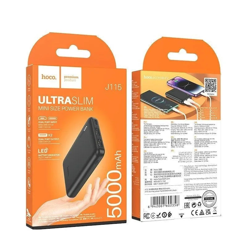 Hoco J115 Ultra Slim Mini Power Bank 5000 mAh Black