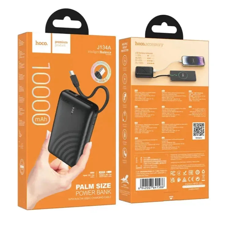 Hoco J134A Strong Power Bank with Cable USB-C 10000mAh Black