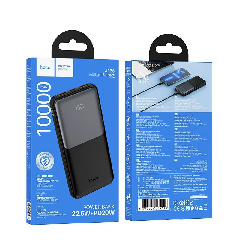 Hoco J136 Sirui Fully Compatible 22.5W+PD20W Power Bank 10000mAh Black