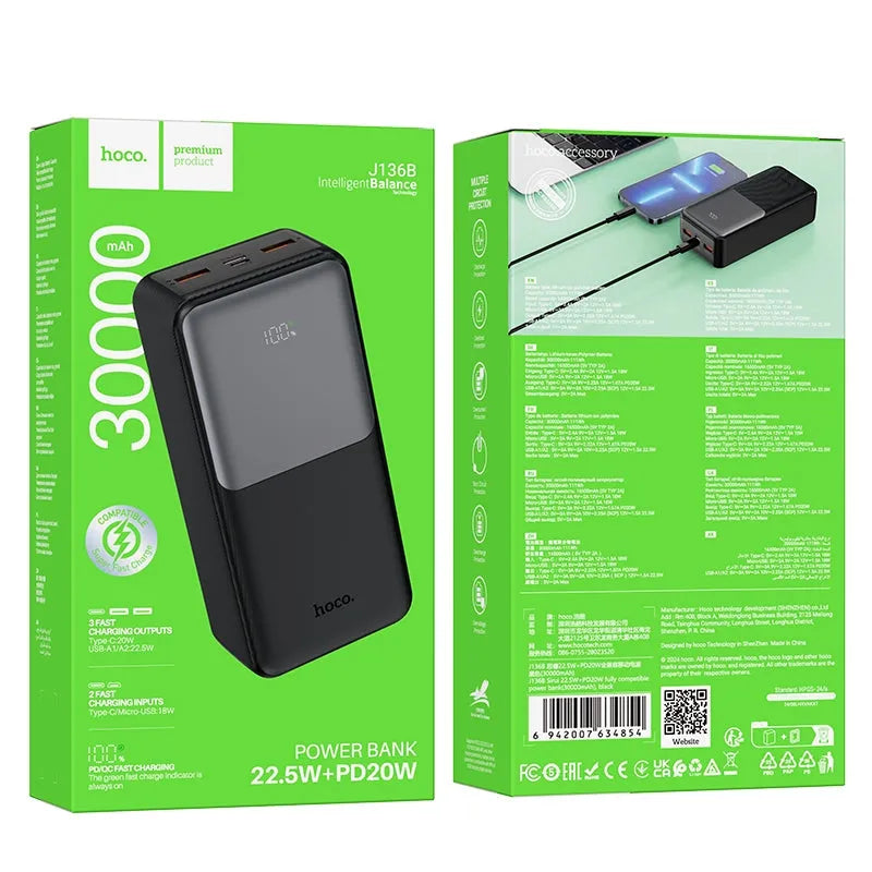 Hoco J136B Sirui 22.5W+PD20W Fully Compatible Power Bank 30000mAh Black