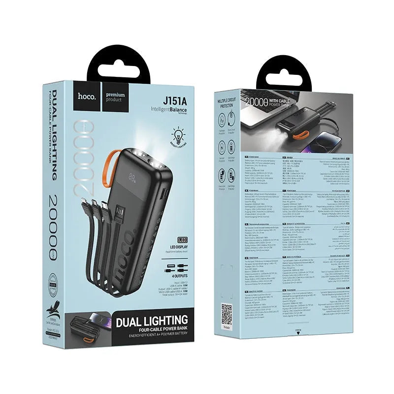 Hoco J151A Spirit Dual Lighting 4 Cable Power Bank 20000mAh Black