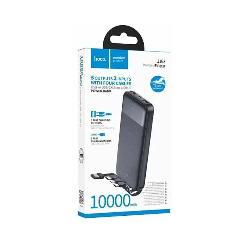 Hoco J163 Wonderful 5 Output Power Bank With 4 Cables 10000mAh Black