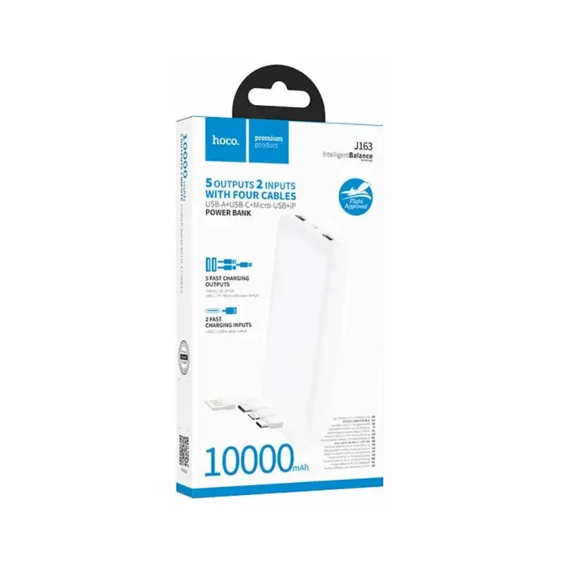 Hoco J163 Wonderful 5 Output Power Bank With 4 Cables 10000mAh White