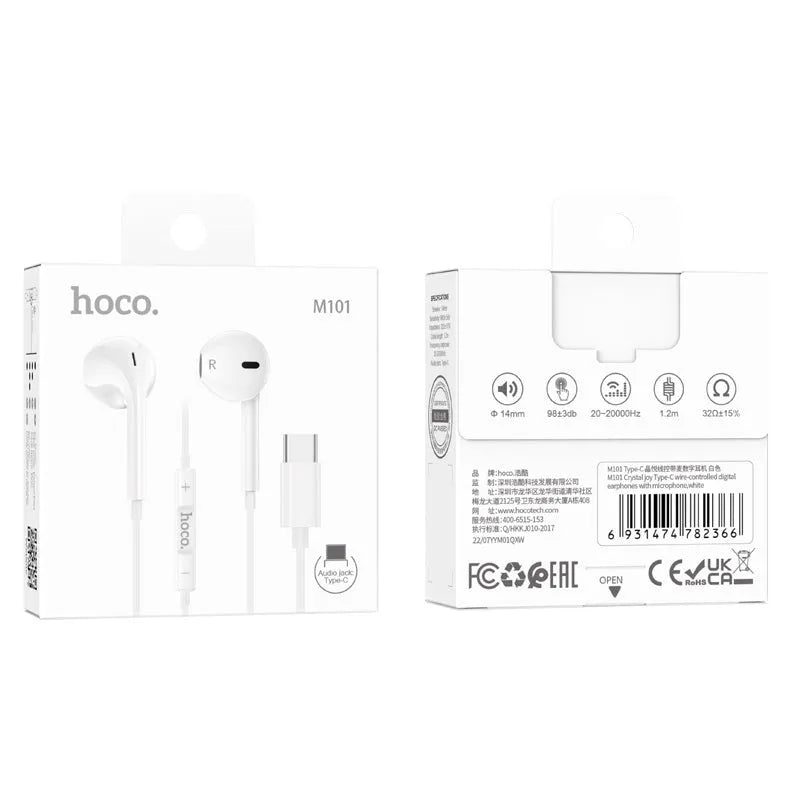 Hoco M101 Crystal Joy Type-C Wired Earphones White