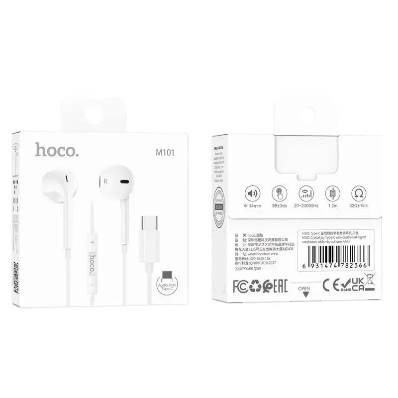 Hoco M101 Crystal Joy Type-C Wired Earphones White