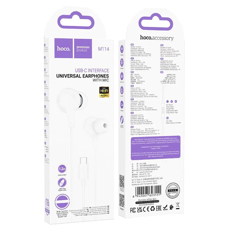Hoco M114 Type-C Jia Digital Earphones With Microphone White