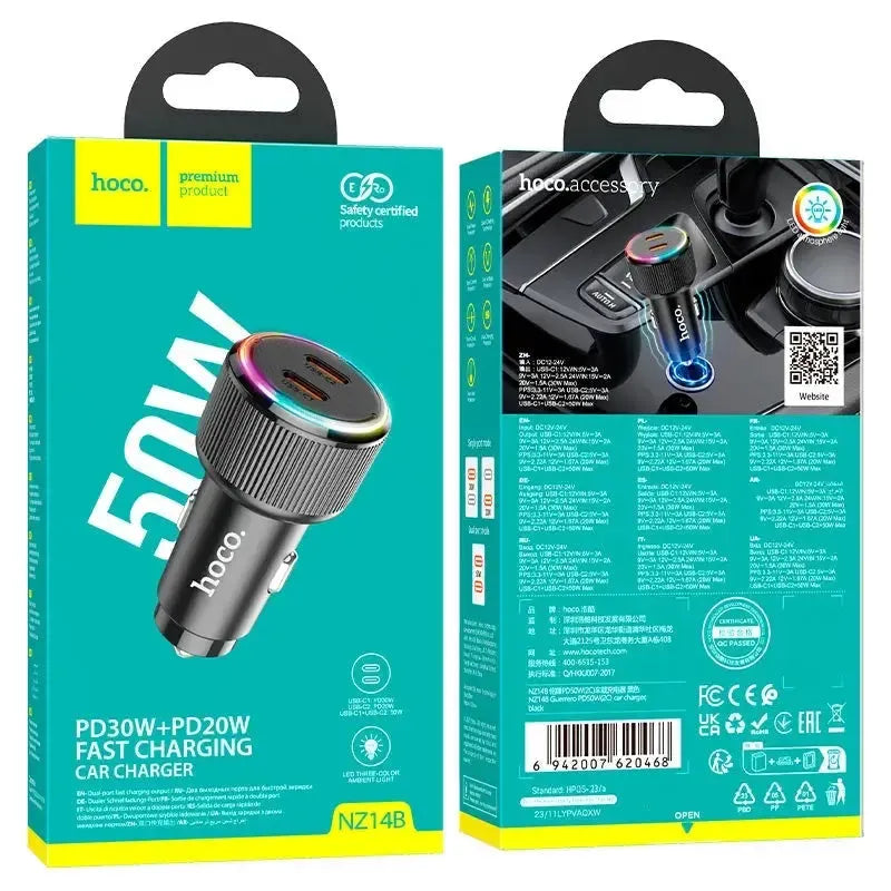 Hoco NZ14B Guerrero Dual Type-C Car Charger (50W) Black