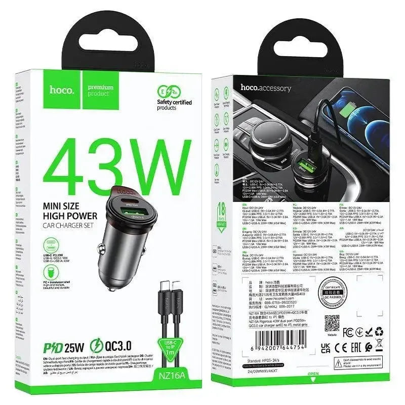 Hoco NZ16A 43W Dual Port PD25W Car Charger Set C To iP Metal Gray
