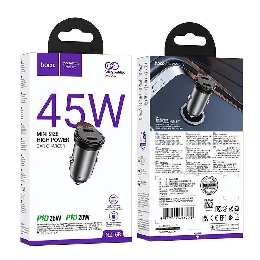 Hoco NZ16B Dual Type-C PD Car Charger 45W Metal Gray