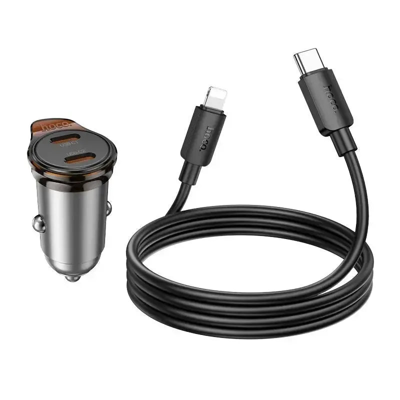 Hoco NZ16B Dual Type-C PD Car Charger Set C To iP 45W Metal Gray