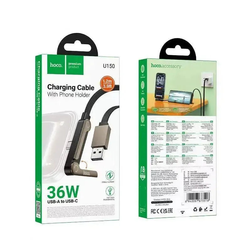 Hoco U150 1.2M 36W USB A To Type-C Charging Data Cable With Bracket Black