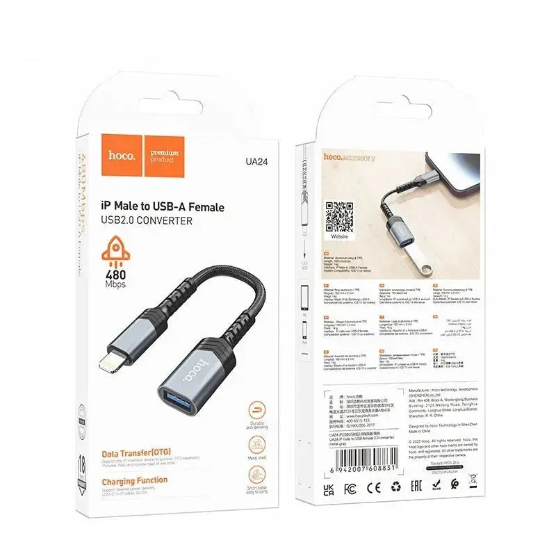 Hoco UA24 Braided iP Male to USB Female 2.0 Converter Metal Grey