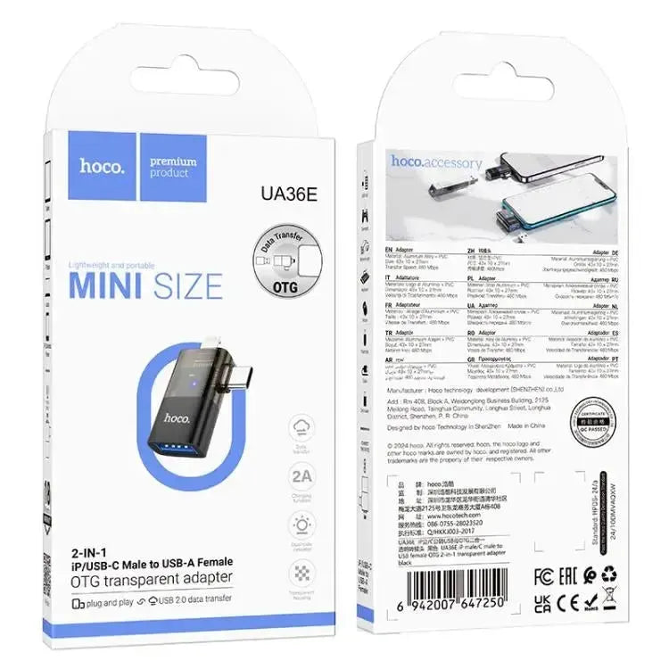 Hoco UA36E iP Male/ Type-C Male To USB Female OTG 2-In-1 Transparent Adapter Black