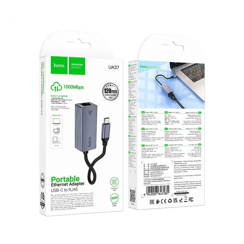 Hoco UA37 Type-C To Ethernet Adapter 1000 Mbps Metal Gray