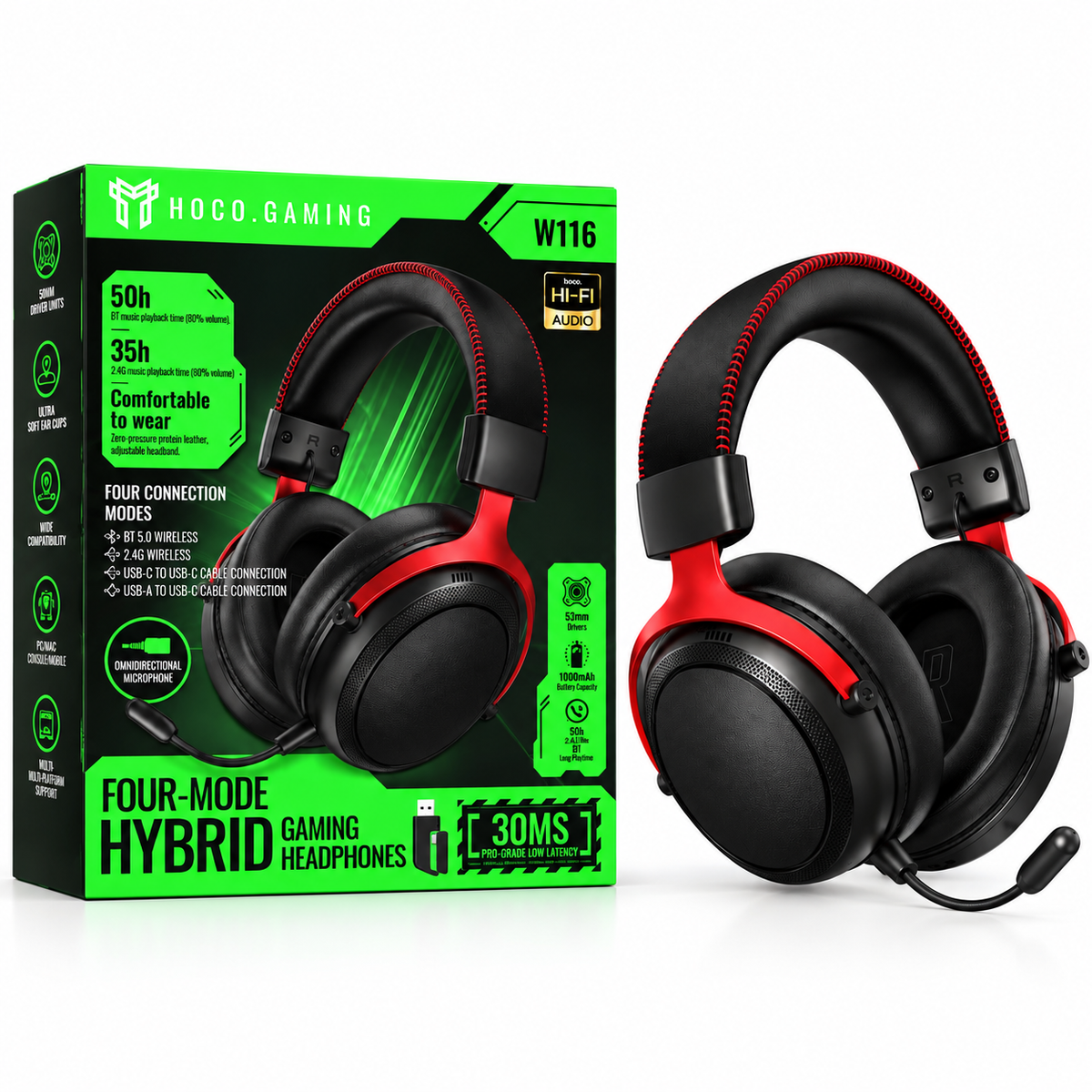 Hoco W116 Shadow 4-Mode BT 6.0 Gaming Headphones Black