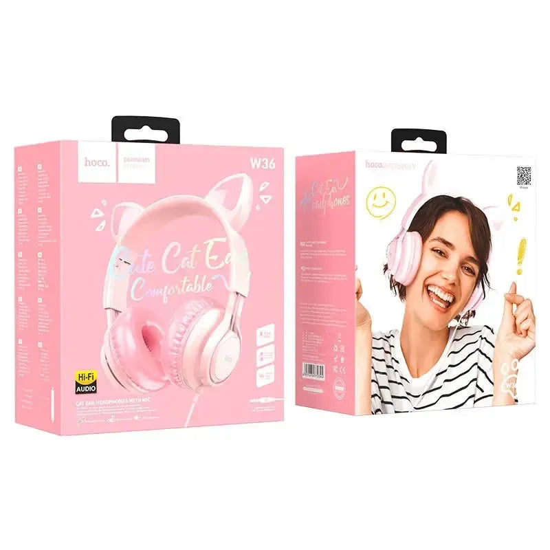 Hoco W36 Kids Edition Cat Ear Headphones With Mic Pink