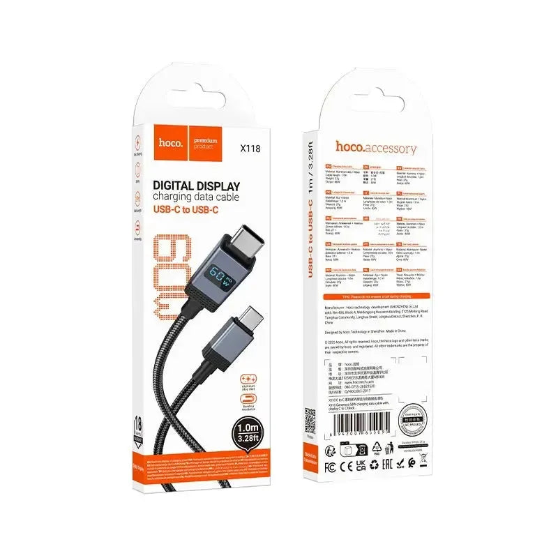 Hoco X118 Generous 60W Charging Cable With Display Type-C To C Black