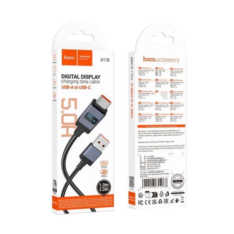 Hoco X118 Generous Charging Cable with Display 5A Type-C Black