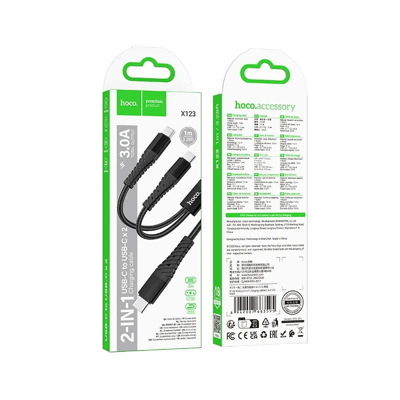 Hoco X123 Victory 2 In 1 Charging Cable C To C And C Black