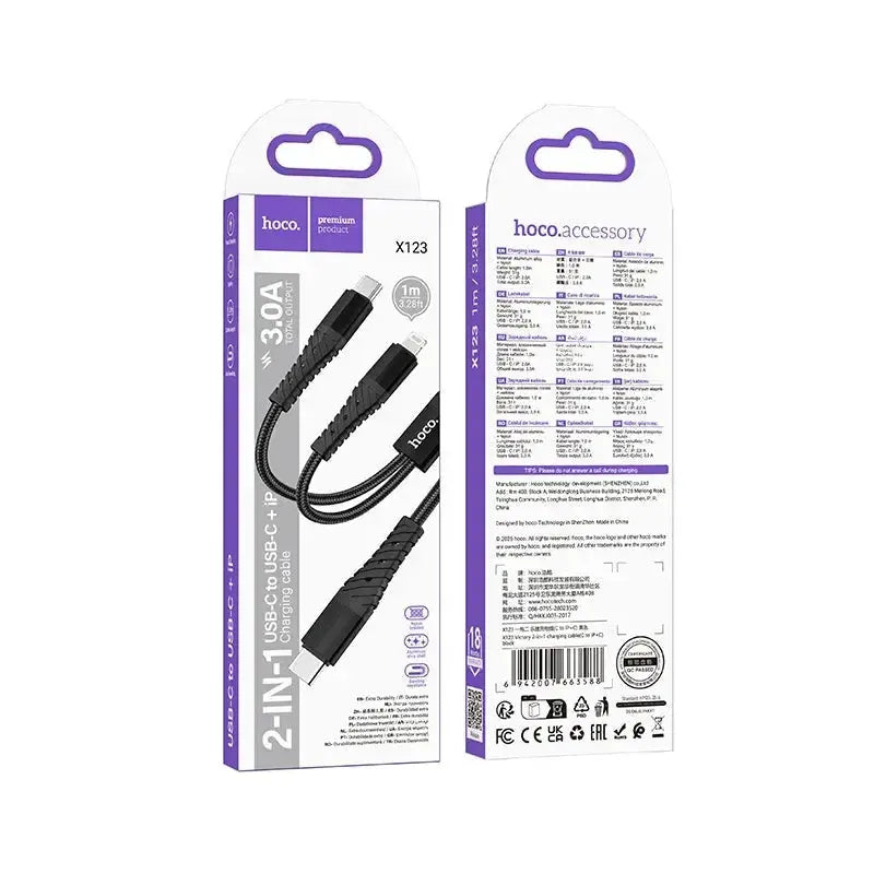 Hoco X123 Victory 2 In 1 Charging Cable C To iP And C Black