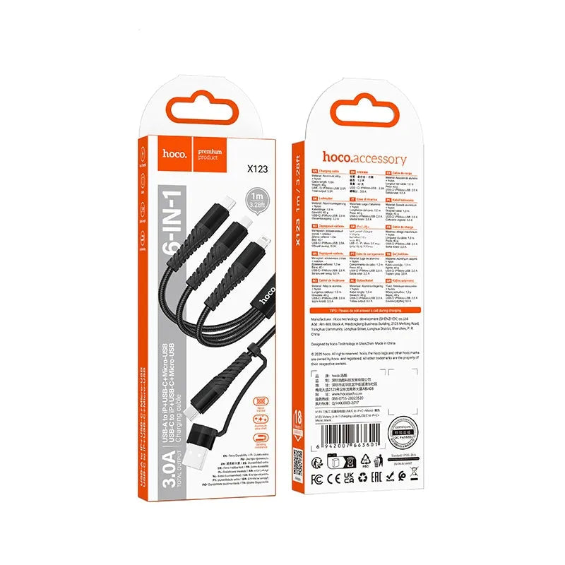 Hoco X123 Victory 3 In 1 Charging Cable USB/ C To iP / C / Micro Black