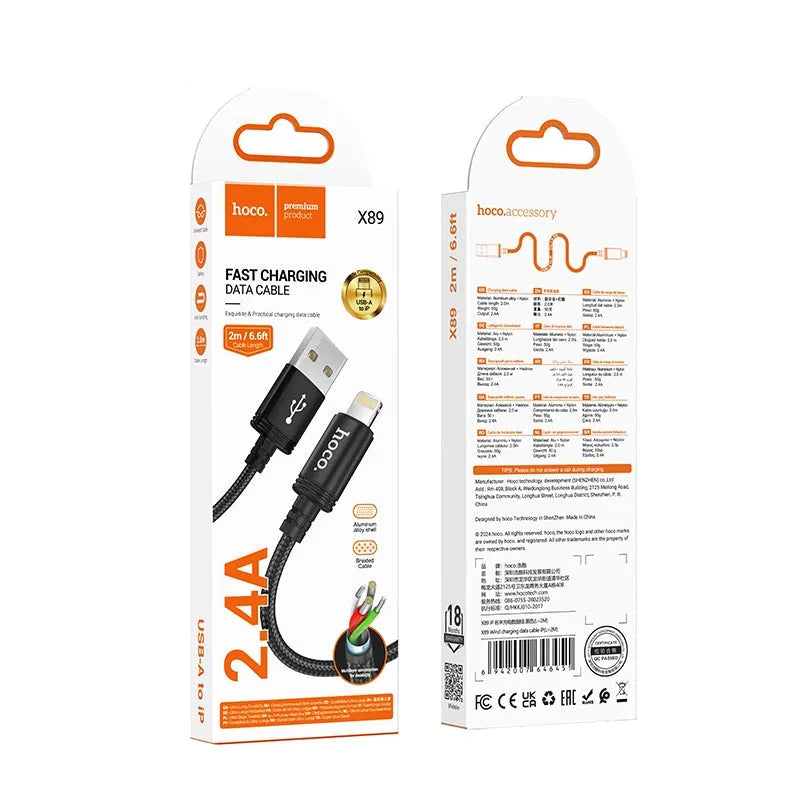 Hoco X89 Lightning 2.4A Braided Charging Cable 2M Black