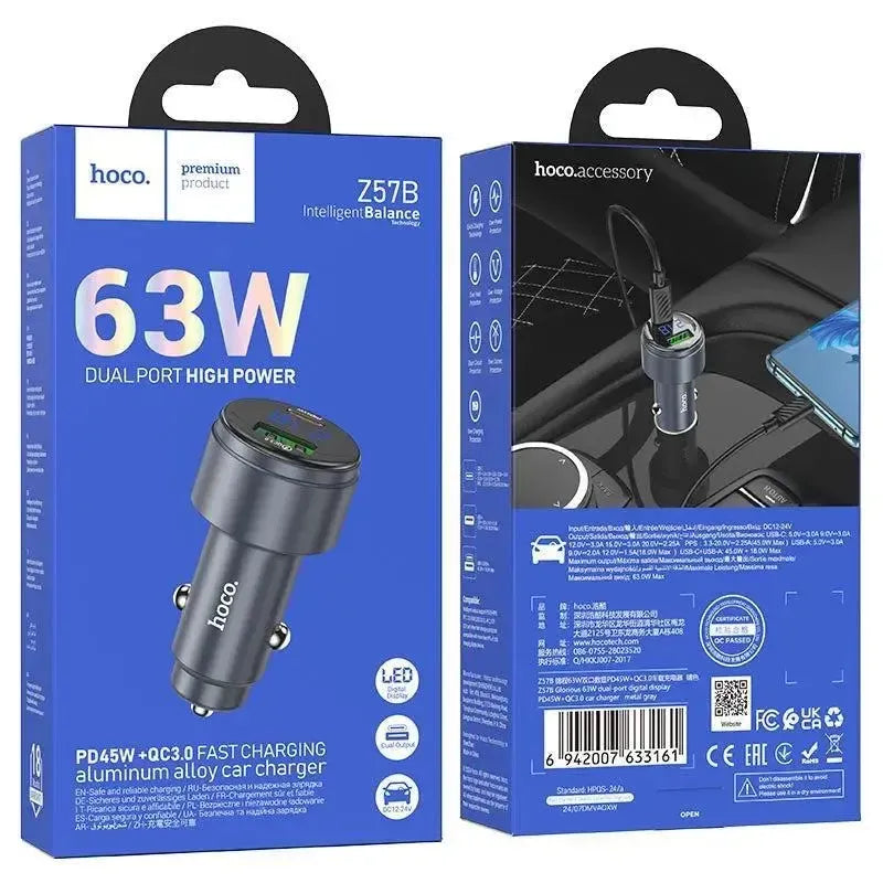 Hoco Z57B Glorious 63W Dual-Port Digital Display PD45W / QC3.0 Car Charger Gray