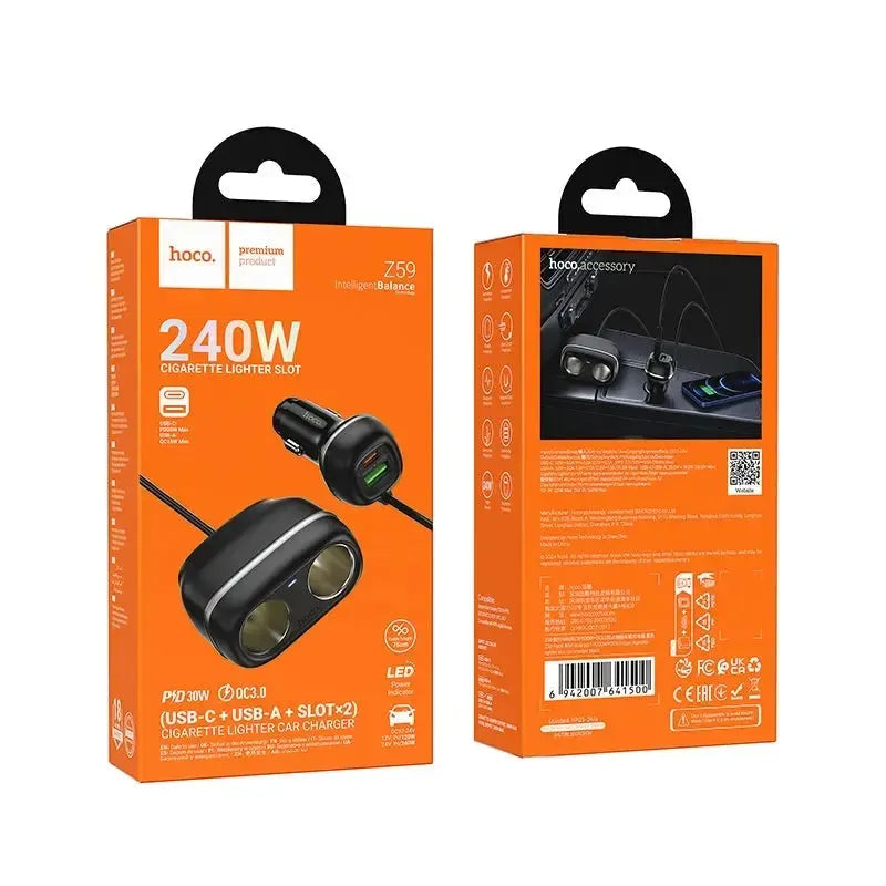 Hoco Z59 Rank 48W Dual Port PD30W+QC3.0 Dual Cigarette Lighter Slot Car Charger Black