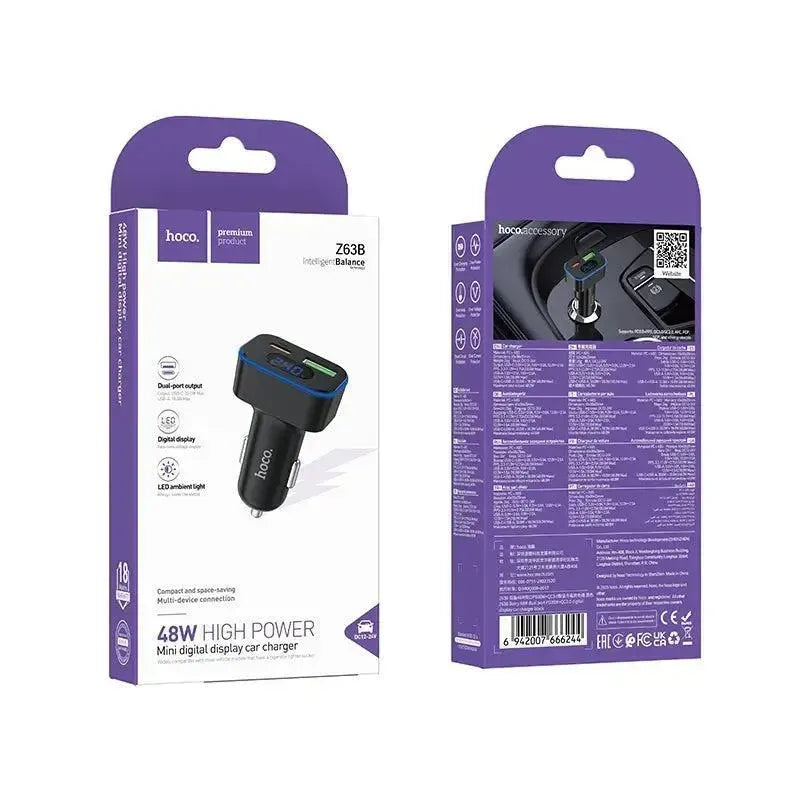 Hoco Z63B Barry 48W Dual Port PD 30W / QC 3.0 Digital Display Car Charger Black