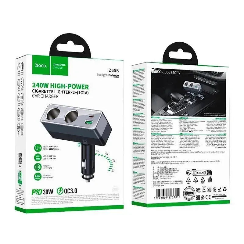 Hoco Z65B Smart Dual Cigarette Lighter PD48W / 1A1C Car Charger Black