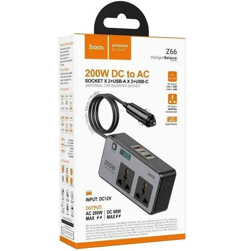 Hoco Z66 Dual Car Inverter 200W DC To AC 2-Socket 2-USB 1-Type-C Black