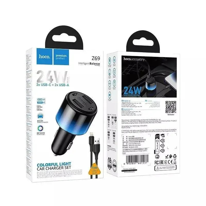 Hoco Z69 Vivido 24W 4 Port 2C2A Car Charger Set Type-C