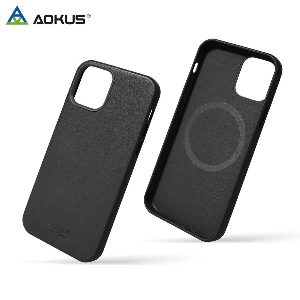 For Apple iPhone 15 Pro Aokus Magsafe Magnetic Leather Case Black-www.firsthelptech.ie