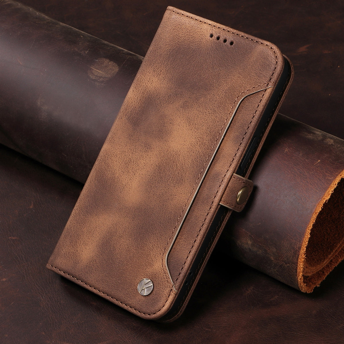 For Apple iPhone 15 Aokus YK Series Leather Wallet case Khaki-www.firsthelptech.ie