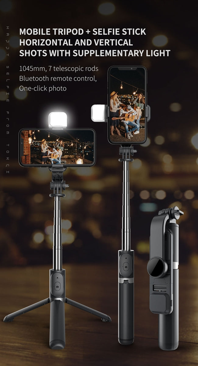 Q02S LED Fill Light Bluetooth Selfie Stick With Mini Tripod Stabilizer Black-www.firsthelptech.ie
