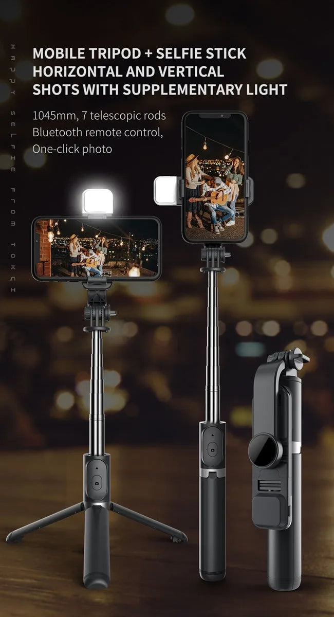 Q02S LED Fill Light Bluetooth Selfie Stick With Mini Tripod Stabilizer Black