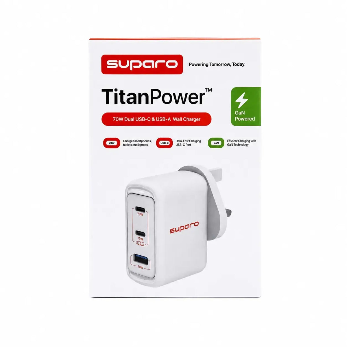 Suparo 70W GAN Dual USB-C & USB-A Charger - White