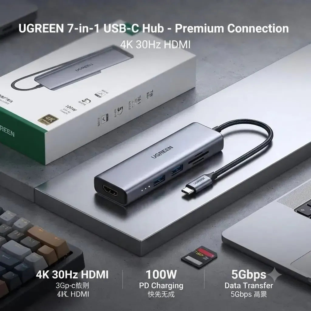 UGREEN 35888 7 In 1 USB-C Multifunction Type-C / HDMI / 3 USB / TF/ SD 4K Adapter 100W