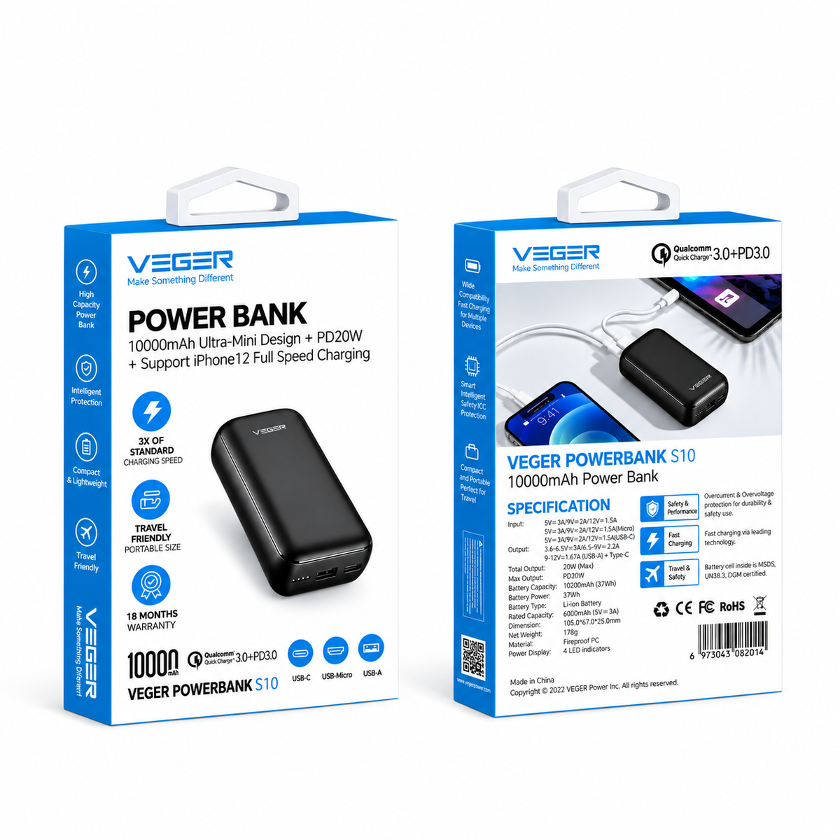 Veger W1135 S10 PD QC3.0 3A 20W 10000mAh Power Bank Black