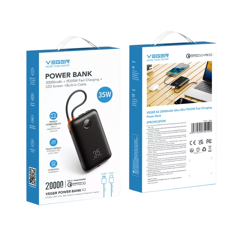 Veger W2068 K2 PD QC3.0 35W 20000 mAh Power Bank With Built-in Type-C Cables / Lightning Black